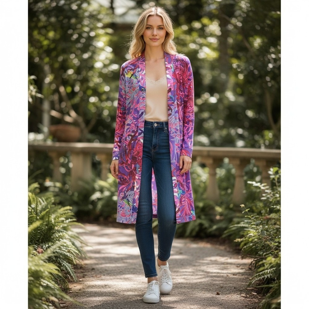 Attitudes by Renee Psychedelic Graphic Print Como Jersey Lounge Duster Sz M